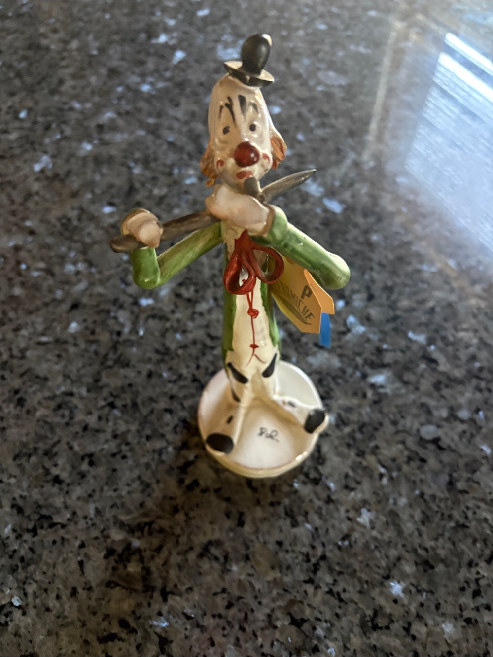 Vintage Ceramic Clown Figurine in Green and Cream. Made in Italy